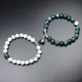 Magnetic couple beaded bracelets with natural stone beads and heart-shaped clasp - African Pine Stone Style