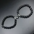 Set di bracciali con perle magnetiche per coppie con pietra lavica e perle nere - Pietra Lavica Opaca