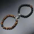 Set di bracciali con perle magnetiche per coppia con occhio di tigre naturale e pietre nere opache - Occhio di Tigre