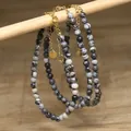 Handmade minimalist black and white marbled beaded necklace with gold extension chain - Melange White
