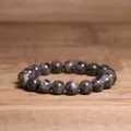 Vue détaillée des perles de pierre naturelle de 8 mm sur un bracelet élastique aux motifs uniques - Larvikite