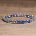Handmade elastic bracelet with blue rectangular stone beads and gold accents - Blue Aventurine