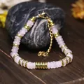 Elegante bracciale regolabile in perline di pietra rosa naturale con distanziali dorati - Quarzo rosa