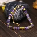 Elegante bracciale regolabile in ametista e perline piatte in acciaio inossidabile dorato - Ametista