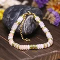 Bracciale regolabile in acciaio inossidabile con perle in pietra naturale pesca e bianco - Avventurina Rosa