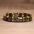 Close-up detail of hematite and yellow tiger's eye stone beaded stretch bracelet - Tiger Eye Combo Double-Row Style (#13)