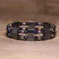 Close-up of double strand hematite elastic bracelet with iridescent purple beads - Double-Layer Iridescent Color Style (#28)