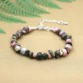 Natural irregular pink and black crystal stone chip bracelet with silver extension chain - Red with Black Lines