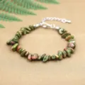 Natural irregular green and pink unakite stone beads bracelet with lobster clasp chain - Unakite