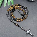 Natural tiger eye and hematite stone bead rosary necklace with large cross pendant for men - Tiger Eye Style 3
