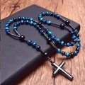 Natural blue tiger eye stone rosary necklace with a minimalist black hematite cross pendant - Blue Tiger Eye