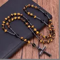 Tiger eye and hematite stone bead rosary necklace with cross pendant for men - Tiger Eye (Brown Black)
