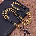 Natural tiger eye stone rosary necklace with hematite cross pendant for men - Golden Tiger Eye