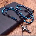 Exquisite Rosenkranzkette aus blauem Tigerauge mit einem metallischen Hämatit-Kreuzanhänger - Blau-Schwarz Perlen