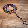 Handgefertigte Rosenkranzkette aus Tigerauge und Amethyst mit schwarzem Kreuzanhänger - Multicolor Beads