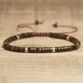 Handmade adjustable dark brown disk bead bracelet with elegant golden spacers for women - Coconut Texture Bohemian Style / Dark Coffee
