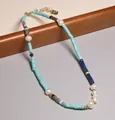 Collier vintage fait main avec perles d'eau douce et perles de verre colorées chic - Style Perles Disques Bleu-Vert (XL0144)