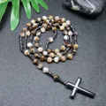 Rosary-Halskette aus gestreiftem Achat und Hämatit mit schwarzem Steinkreuz-Anhänger - Gestreifter Kaffee-Achat
