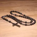 Handgefertigte Rosenkranzkette aus Hämatit und Naturstein mit Kreuzanhänger für Herren - Mattschwarz