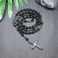 Naturstein Hämatit Kreuz Rosenkranz Halskette für Herren mit schwarzen Perlen - Schwarzes Glas