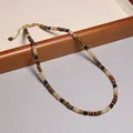 Collier de perles vintage fait main avec œil de tigre naturel et pierres de verre colorées - Style Œil de Tigre avec Glaçure Noire et Jaune (XL0108)
