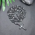 Klassische Rosenkranz-Halskette aus grauem Naturstein mit Metall-Kreuzanhänger für Männer - Labradorit