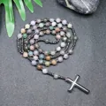Handgefertigte Naturstein-Rosenkranzkette mit Tigeraugenperlen und großem Hämatit-Kreuz - Indischer Achat