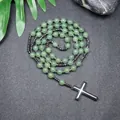 Handgefertigte grüne Naturstein-Rosenkranzkette mit poliertem Hämatit-Kreuzanhänger - Grüner Aventurin