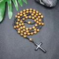 Natur-Tigerauge-Rosenkranz-Halskette mit dunkelgrauem Hämatit-Kreuzanhänger für Herren - Jaspis