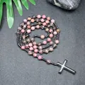Natürliche rosa Rhodonit-Stein Rosenkranz Halskette mit dunklem Metall-Kreuzanhänger - Rhodonit