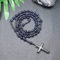 Handgefertigte Rosenkranzkette aus blauem Sandstein und Hämatit-Kreuzanhänger - Blauer Sandstein