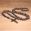 Graue Naturstein- und Hämatitperlen-Rosenkranzkette mit einem Metallkreuz-Anhänger - Flammenstein