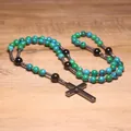 Handgefertigter Rosenkranz aus Naturstein mit grün-blauen Perlen und Hämatit-Kreuz - Chrysomokoll