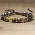 Handmade adjustable natural stone cylinder bead woven bracelet set with metallic spacers - Two-Piece Set / Two-Piece Set / Multi-Color Combination