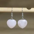 Minimalist natural rose quartz heart pendant drop earrings with silver metal hooks - Heart Style 11 (Rose Quartz)