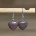 Elegant minimalist natural stone heart-shaped dangle earrings in a mauve purple finish - Heart Style 10 (Frosted Purple Stone)