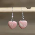 Natural pink heart stone dangle earrings with silver hooks, minimalist style jewelry. - Heart Style 12 (Textured Pink Stone)