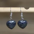 Handmade heart-shaped natural stone drop earrings with black marble vein texture - Heart Style 13 (Black Vein Stone)