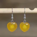 Handmade yellow heart-shaped natural stone pendant drop earrings with silver hooks for women - Heart Style 17 (Yellow Agate)