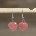 Minimalist pink natural stone heart dangle earrings featuring smooth peach quartz - Heart Style 18 (Pink Sand Stone)