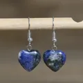 Elegant natural blue stone heart-shaped pendant earrings with silver-tone hooks - Heart Style 20 (Sodalite)
