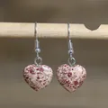 Natural speckled stone heart earrings with silver hooks for women minimalist jewelry - Heart Style 23 (Red-Brown Vein Stone)