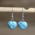 Elegant turquoise heart-shaped dangle earrings with polished silver-tone ear hooks - Heart Style 25 (Turquoise Pattern)