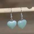 Minimalist green natural stone heart-shaped pendant earrings with silver hooks for women - Heart Style 26 (Green Aventurine)