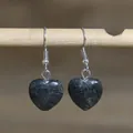 Simple heart-shaped dark natural stone drop earrings with silver hooks for her style - Heart Style 27 (Dark Green Stone)