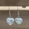 Handmade natural heart-shaped stone dangle earrings with polished green and white texture - Heart Style 28 (Mixed Texture Stone)