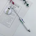 White retractable 4-color ballpoint pen with easy-pull badge reel holder attachment - 1.0mm Bullet Tip / White