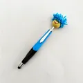 Novelty stylus ballpoint pen with a blue plush mop-top doll head and smiley face design. - 1.0mm Bullet Tip / Sky Blue