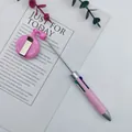 Retractable 4-color ballpoint pen in pink with badge reel clip for office and business gifts - 1.0mm Bullet Tip / Khaki Pink