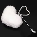 Soft white plush heart keychain charm featuring a silver heart-shaped carabiner clip - White
